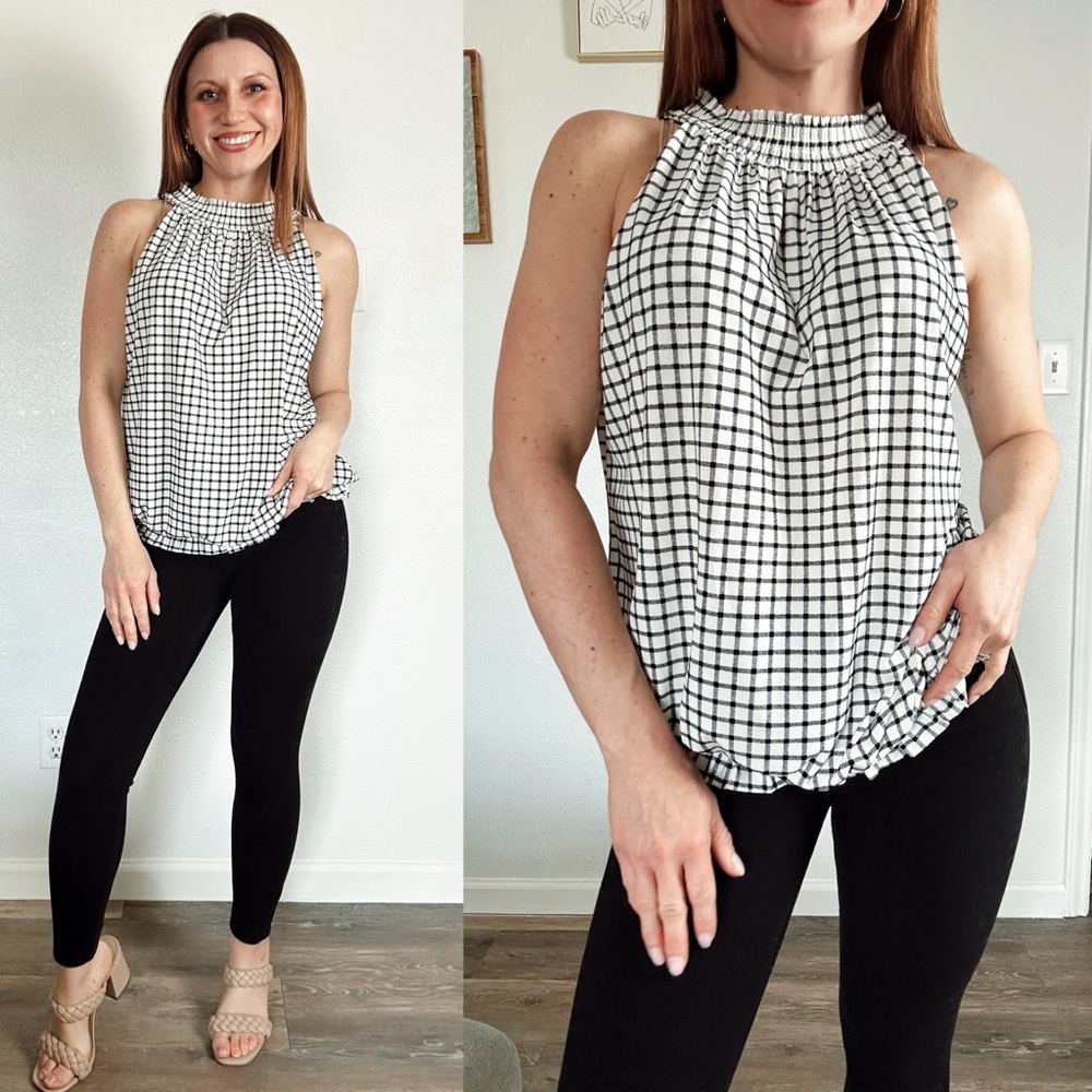 Adrianna Papell Black and White Grid Blouse size XL